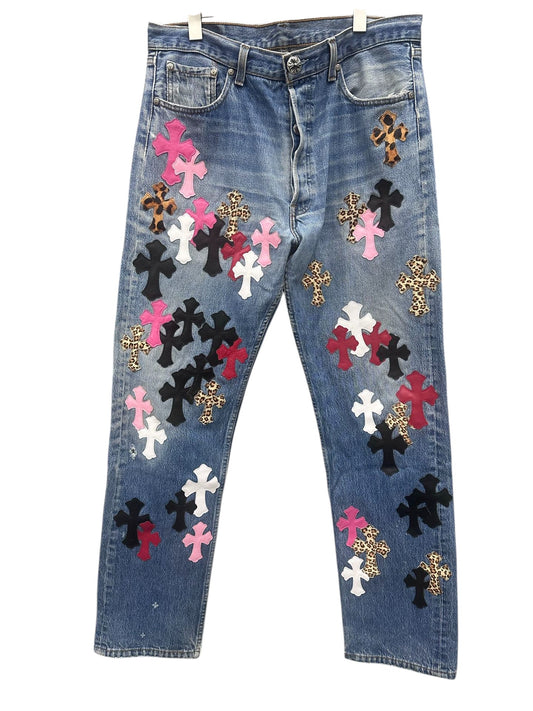 CHROME HEARTS LEOPARD PINK PATCH DENIM SIZE 32